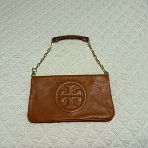 Tory Burch Tan Leather Clutch with Gold Chain